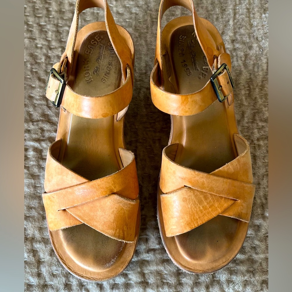 Kork-Ease Ava Classic Natural Vachetta Leather Size 9 Platform Wedge Sandal